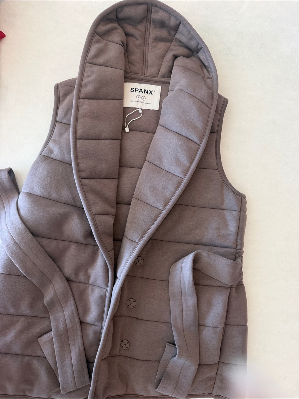 SPANX Quilted Hooded Belted Vest in Taupe Gray